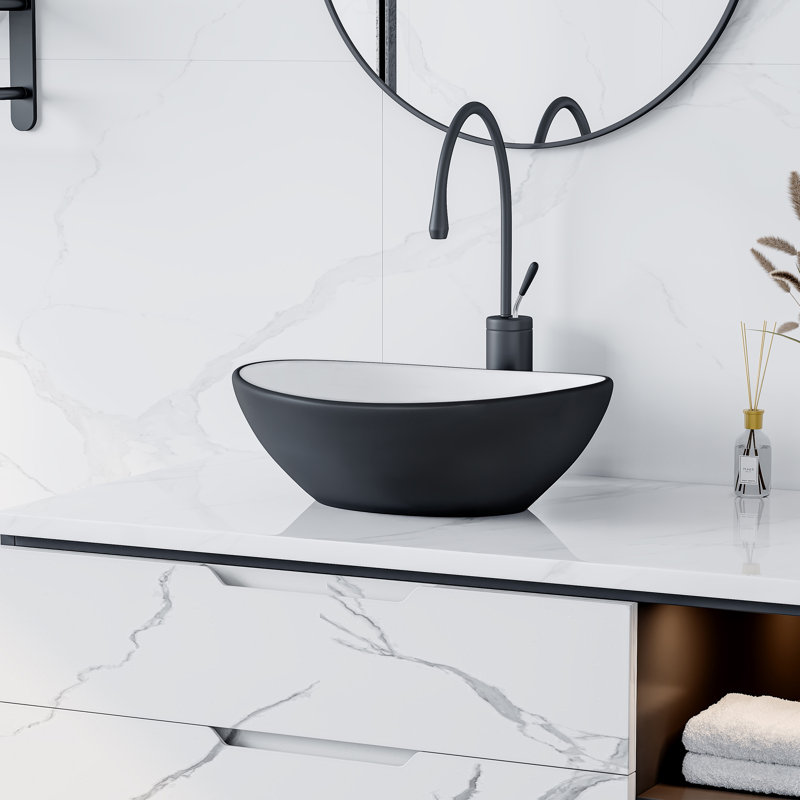 Lavabo de salle de bain vasque ovale en porcelaine vitrifiée blanc / noir mat L 16 po x l 13 po Eclisse, White/Matte Black