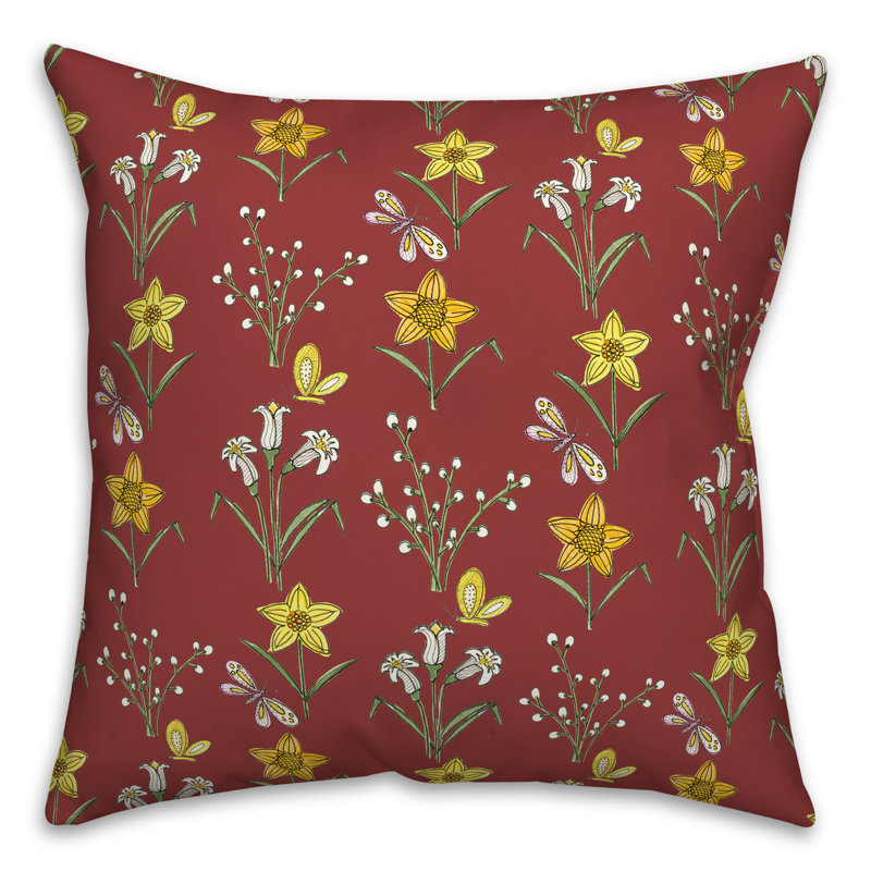  Coussin décoratif floral intérieur / extérieur en polyester, H 18 po x l 18 po, Rouge
