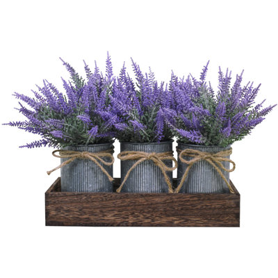 Ensemble de 3 petites plantes en pot de fleurs de lavande artificielles en pots rustiques en métal galvanisé avec plateau en bois décoratif pour table de campagne