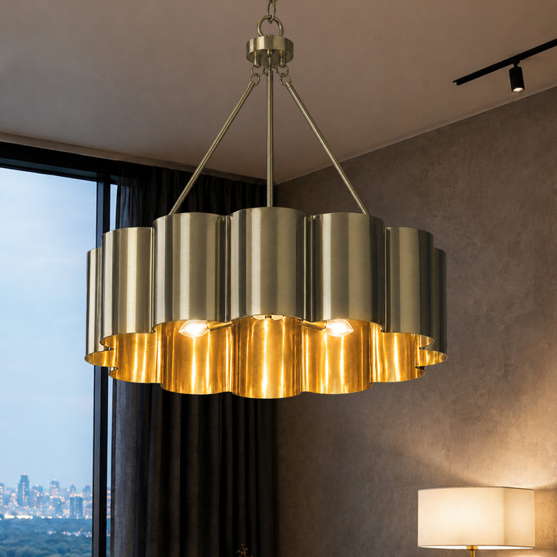 Lustre tambour moderne en laiton poli 4 lumières 25 "avec abat-jour en métal pour salle à manger ou chambre à coucher