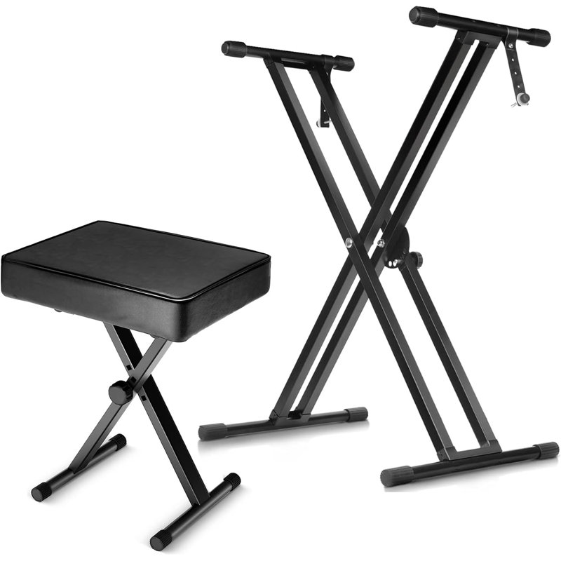 5 Core Keyboard Stand Double X Style Adjustable Piano Riser + Keyboard Piano Bench, White
