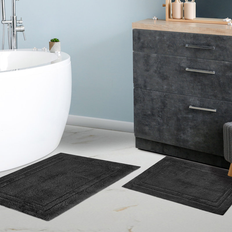 Sandcliff Cotton Non-Skid Machine Washable 2 Piece Bathroom Rug Set, Solid Black