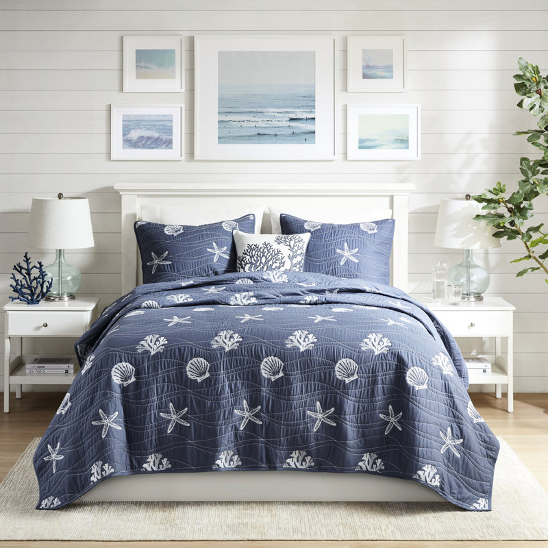 Courtepointe en coton bleu marine - 100% avec broderie lavable à la machine 4 pièces, images côtières, facile à nettoyer