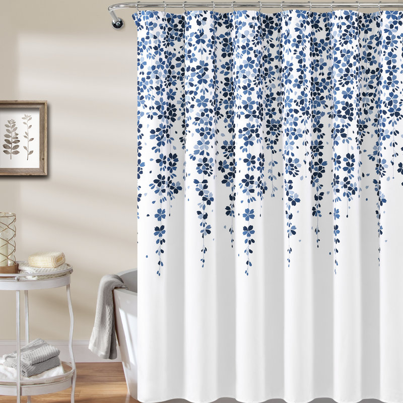 Anatoli Polyester Shower Curtain, White/Navy