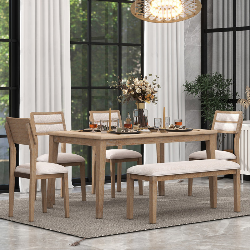 Ensemble de salle à manger 6 pièces de style classique et traditionnel, comprenant une table de salle à manger, 4 chaises rembourrées et un banc