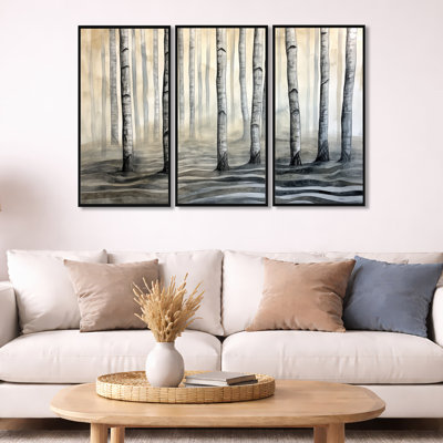 Birch Forest Wall Art, Sunrise Forest Canvas - Birch Forest At Dawn 3 Piece Framed Canvas Wall Art Set Traditional Nature Decor