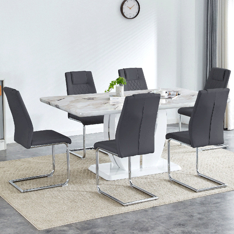     Kimara Modern Faux Leather Diamond Quilt Cantilever Dining Chairs , Dark Gray, Silver