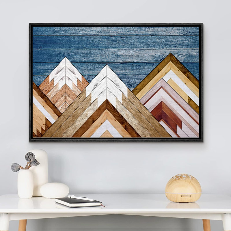«Western Wood Effect Landscape Blue Sky Snow Mountain Range Nature Modern Art Western Wall Decor Office», reproduction d'art sur toile