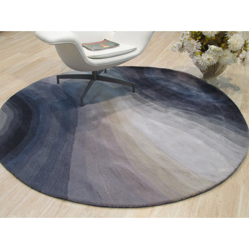 Tapis bleu abstrait en laine touffeté à la main Sinderen, Rond 9 pi 9 po