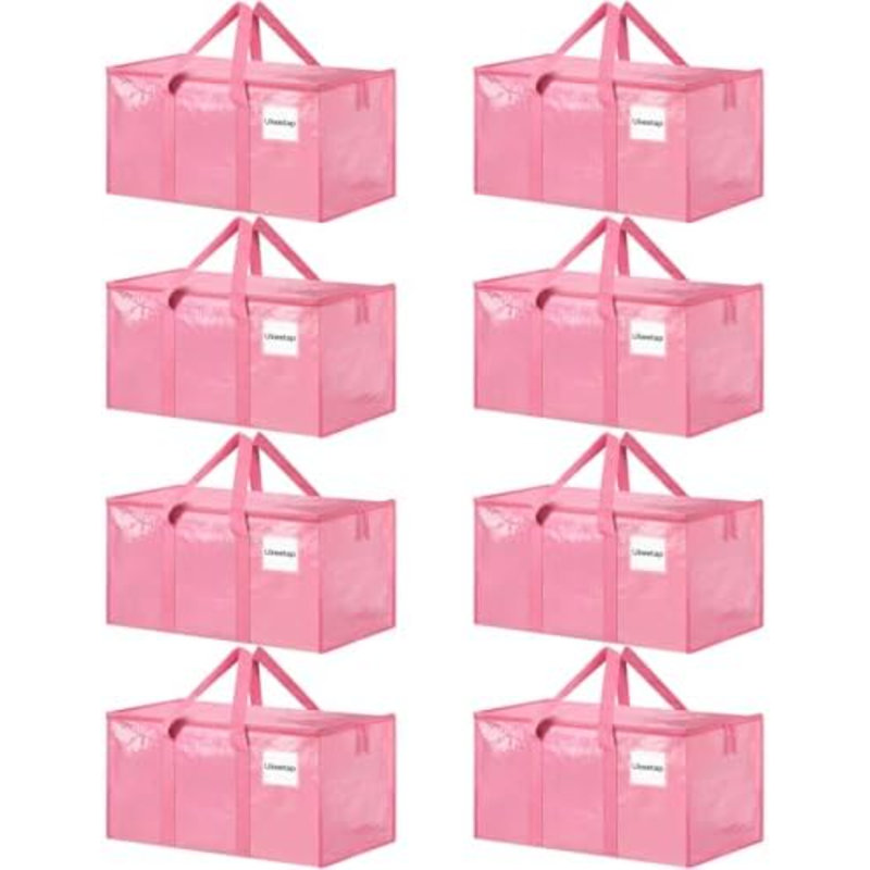 Paquet de 8 sacs de rangement très grands, bacs de rangement roses avec couvercles, poignées renforcées et fermetures à glissière robustes