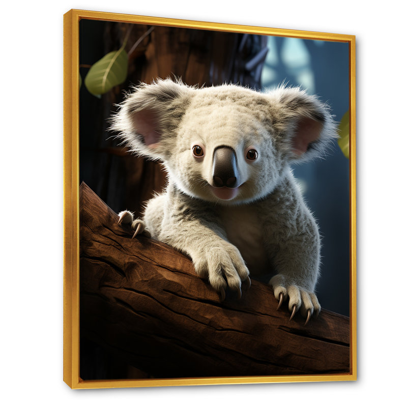 «Realistic Koala Eucalyptus Observer 3», art mural Koala, Cadre flottant doré, 44" H x 34" W