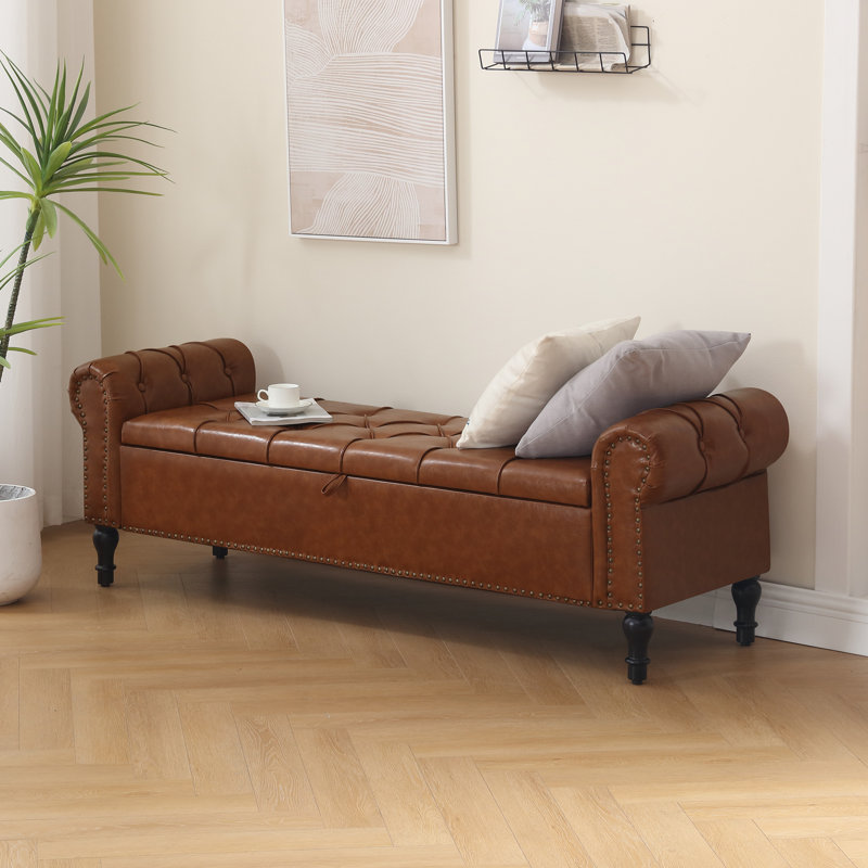 Tufted Upholstered Storage Bench with Nailhead Trim and Rolled Arm Design, Brown, 20.08" H x 51.18" W x 16.14" D