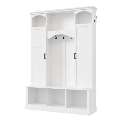 Modern Farmhouse Hall Tree With Arched Silhouette, Large Entryway Storage Bench With Adjustable Shelves And Open Shoe Cubbies, Black
