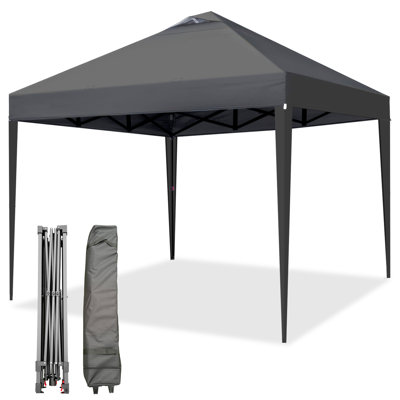 Tente de toit escamotable robuste 12 x 12 pieds OnePush Installation rapide Protection UV résistante à l'eau Pavillon de jardin extérieur Toit ventilé Sac à roulettes Sacs de sable Cordes pour fêtes Évènements gris Tissu de pieds de 12 pi x 12 pi