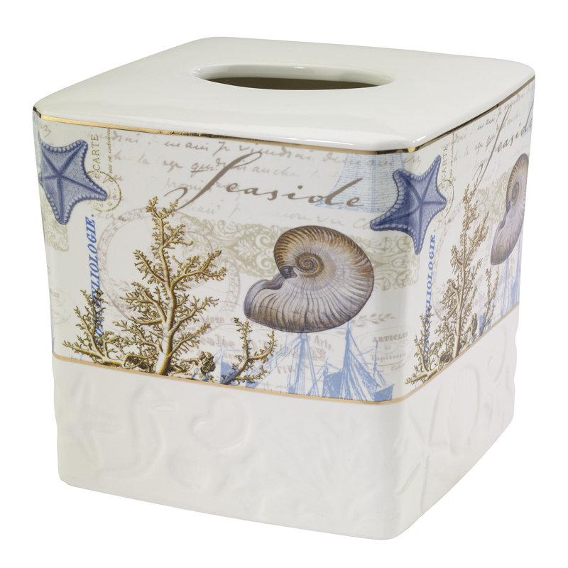 Antigua Coastal Ceramic Tissue Box Cover with Gold Trim