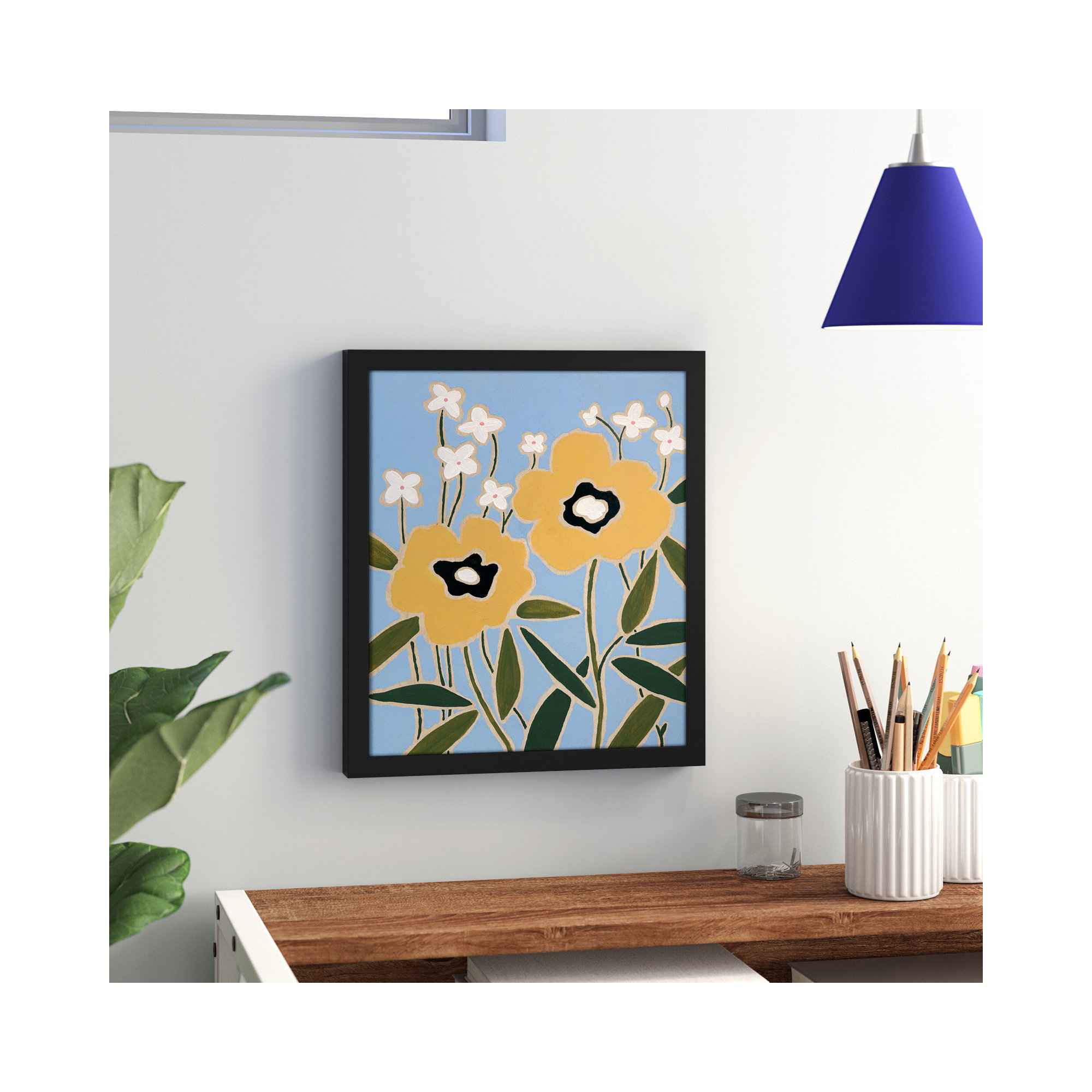 Woodblock Floral II by - Single Picture Frame Print, 15" H x 13" W x 1.25" D, Satin Black Framed