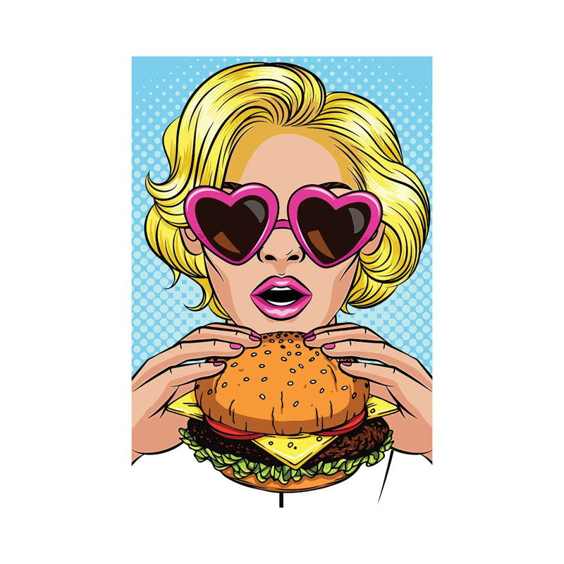 «Blonde with a hamburger» par - Toile tendue, H 12 po x l 8 po x P 0,75 po