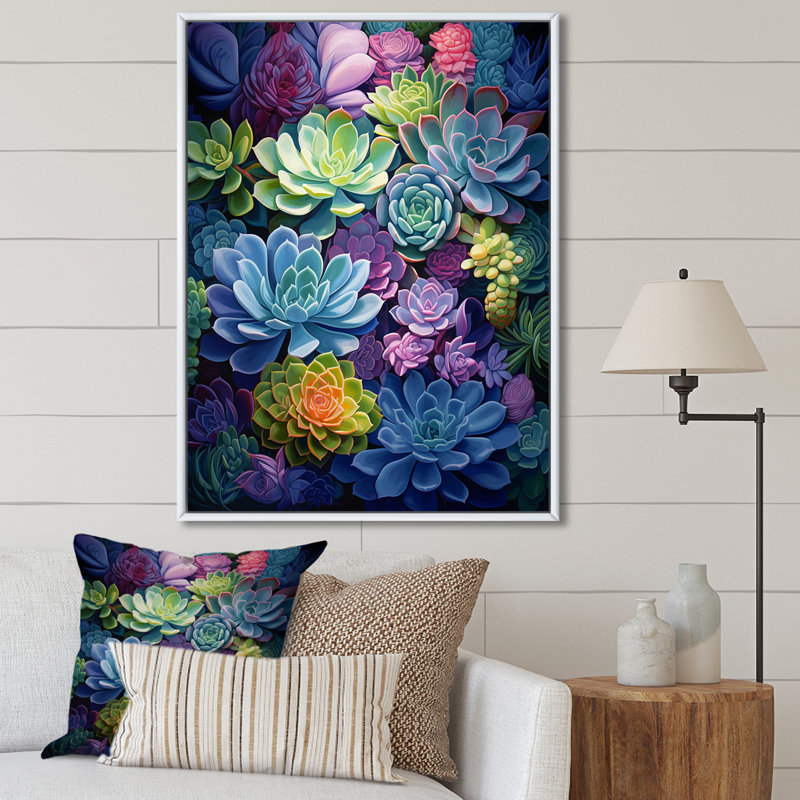 «Jelisha Blue Green Succulents Botanical Oasis», reproduction sur toile, Cadre flottant blanc, H 32 po x l 24 po x P 1 po