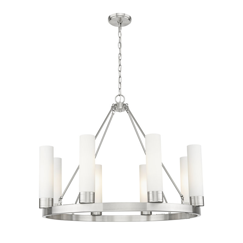 Jaiwan - Lustre 6 lumières avec abat-jour, Blanc rayé, Nickel satiné