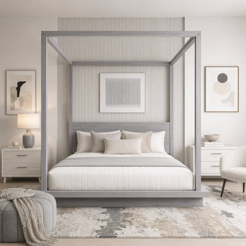 Lit plateforme à baldaquin en bois avec tête de lit, Gris, Très grand lit