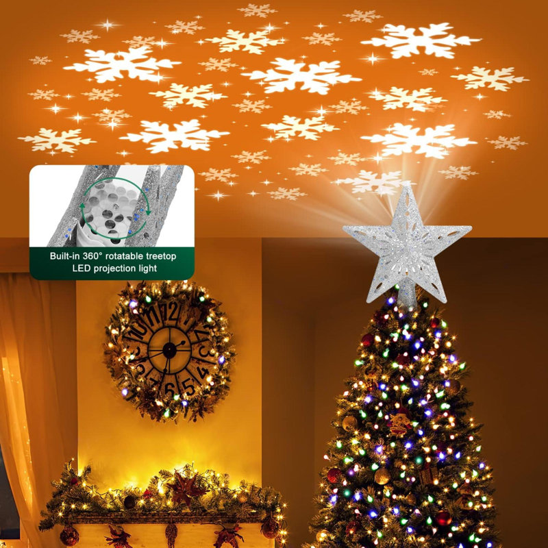 Christmas Tree Topper Lighted With 6 Projection Modes,Christmas Star Tree Topper Built-In LED Rotating Lights,Sliver 3D Glitter Dynamic Projection For Xmas Party Holiday Decorations