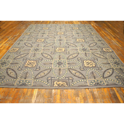 Tapis gris / crème / bleu en laine noué à la main de conception unique 9 pi x 12 pi Needlpoint