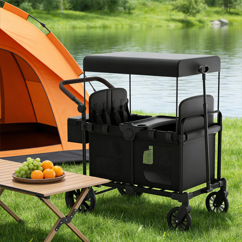 Wagon pliant avec auvent pour enfants et cargaison, chariot d'extérieur pliable robuste avec freins et roues tout-terrain de 156 lb, 4 sièges