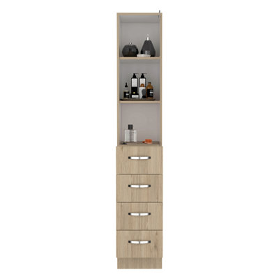 Linen Cabinet, Three Shelves, Four Drawers -Light Pine / White