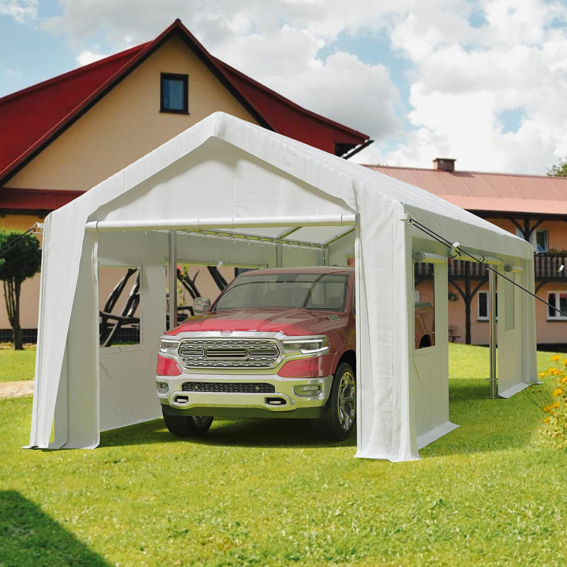 Garage portatif robuste de 10 pi x 20 pi, remise extérieure imperméable avec 4 portes et fenêtres à enroulement ventilées, abri polyvalent pour motos, voitures, outils, bois de chauffage, blanc