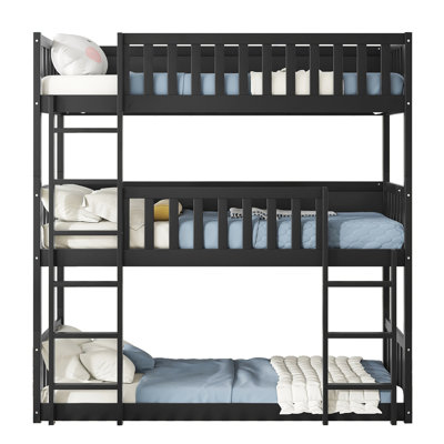 Triple Bunk Bed In Black - Crafted From Tough Rubber Wood With Detachable Design Twin Over Bed, Built Solid And Functionality