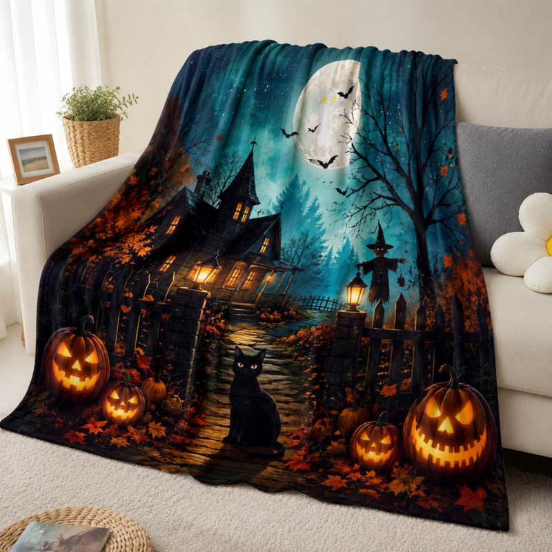 Plaid thématique Halloween, motif de château, chat, citrouille et épouvantail, couverture douce et moelleuse pour canapé, lit et décoration intérieure