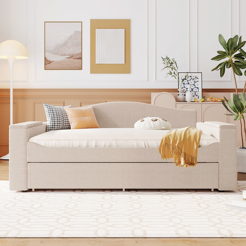 Lit de jour en molleton beige avec compartiment de rangement, lit gigogne et système audio rembourré de divertissement, inclus pour l'espace