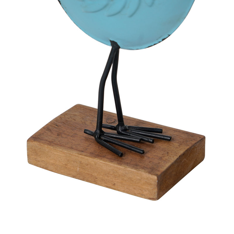 Decorative Metal Standing Bird Figurines & Sculptures With Embossed Accents & Wood Base, Blue/Green/Brown