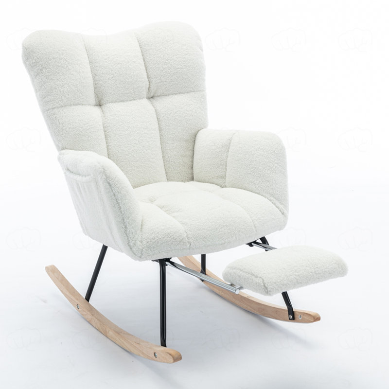 Chaise berçante en tissu avec repose-pieds Teddy, Ivoire ivoire