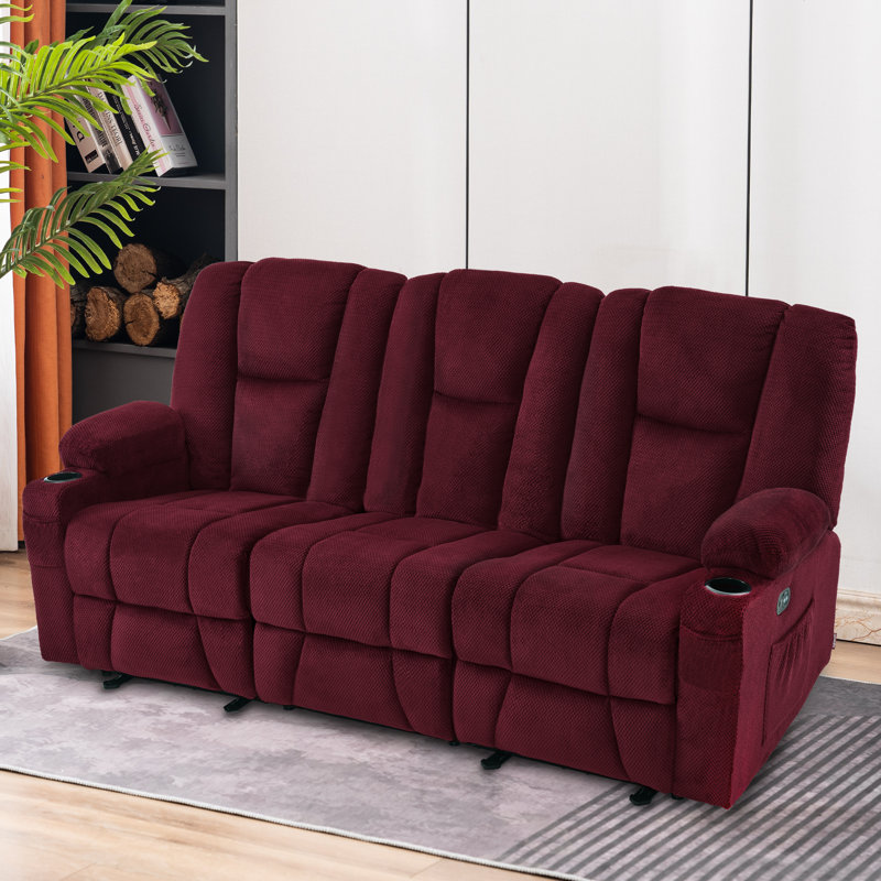 Xannon Power Reclining Sofa with Heat and Massage, 3-Seat Dual Recliner Sofa, Burgundy Polyester Blend