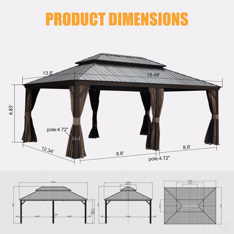 14X20FT Gazebo Aluminum, Mosquito Net For Outdoor Use With Galvanized Steel Double Roof, 126.42" H x 233.76" W x 165.6" D