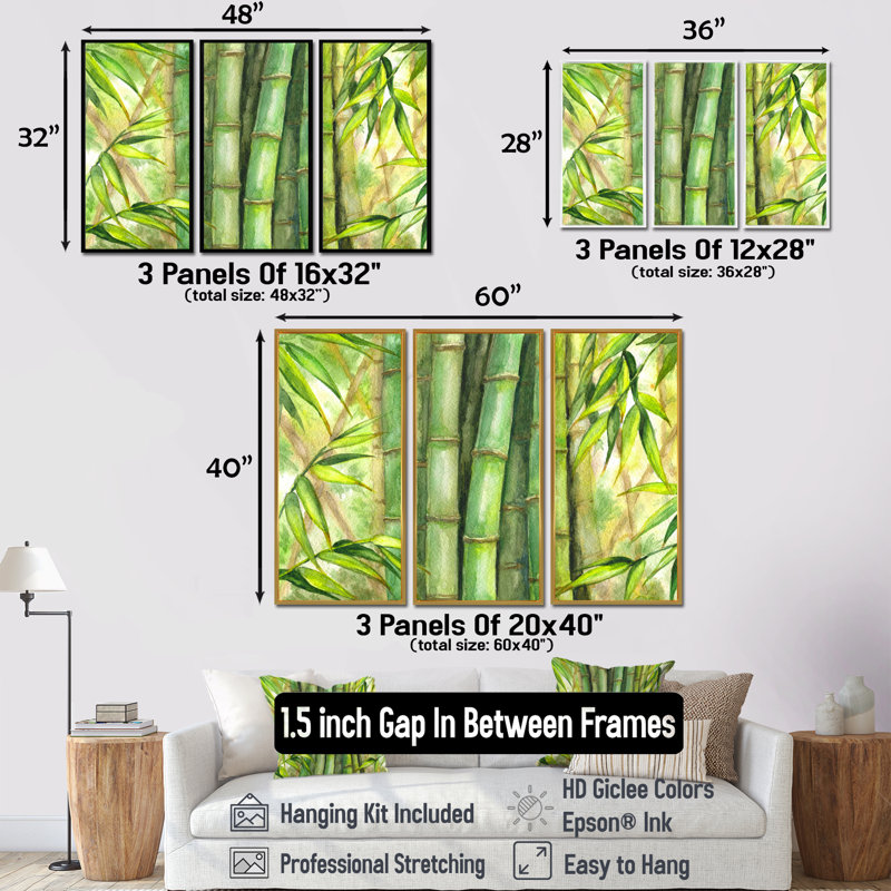 Tiges de bambou vert vif - ensemble d'art mural sur toile transitionnel encadré de 3, H 32 po x l 48 po, Cadre flottant brun