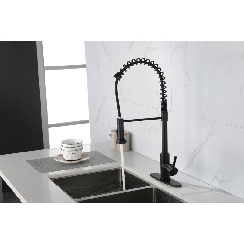 Spring Kitchen Faucet In Matte Black - Stainless Steel, Pull-Out Spray, Rust, Single Hole With Spray , Water Temperature Adjustment