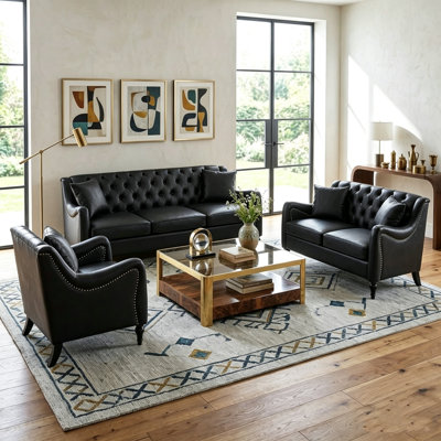 Classic Chesterfield Leather Sofa Set, PU Leather Couch with Diamond Button Tufting, Nailhead Trim & Solid Birch Legs, Complete Living Room Furniture Set with Throw Pillows