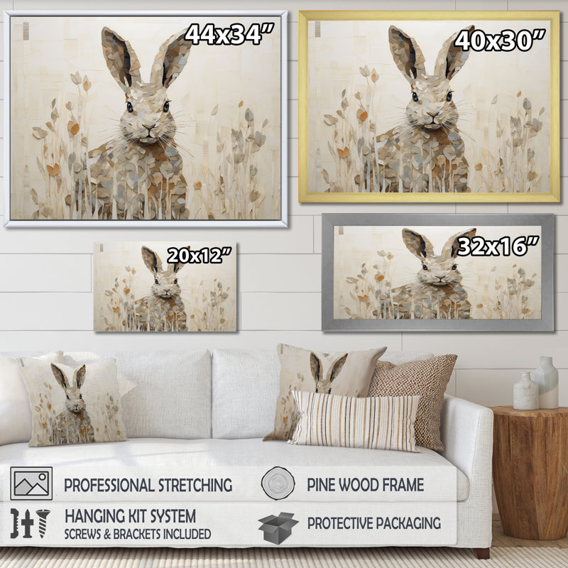 Bunnys Curious Flower Charm II - Lapin, art mural, salon, Cadre simple blanc, H 16 po x l 32 po x P 1 po
