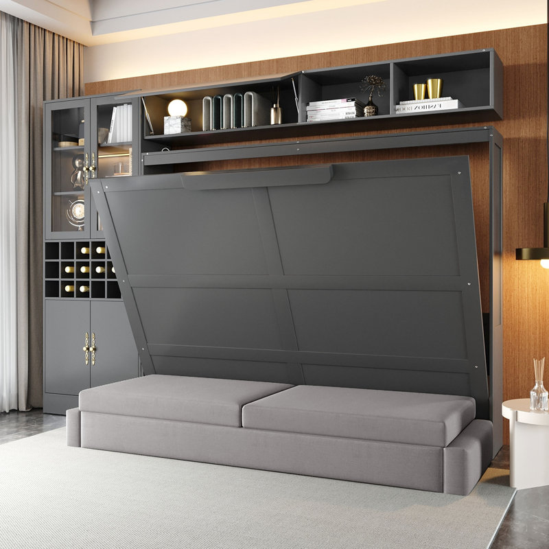 Grand lit mural avec tablettes, gris, multifonctionnel et peu encombrant pour les maisons compactes, dans de bons petits appartements