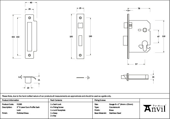 Polished Bronze 3" Euro Profile Sash Lock, Polished Brass