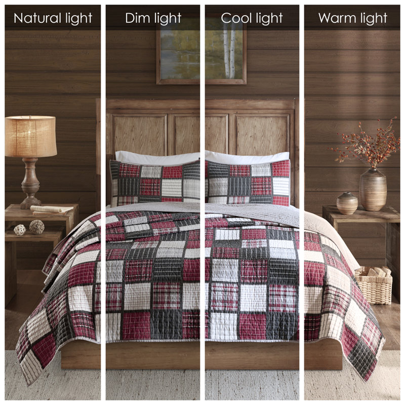 Red and Grey Cotton Plaid Reversible Full Quilt Set