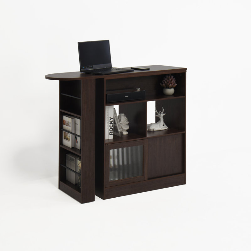 Modern Walnut Bar Cabinet With Rotating Top – 6 Storage Spaces & Ribbed Glass Doors For Dining & Living Room