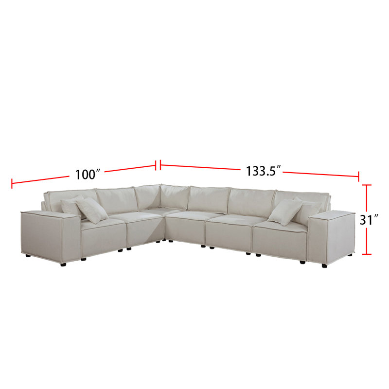 Derek 127.5" Modular Linen Sectional Sofa with Removable Backrest Cushions, Beige Linen 