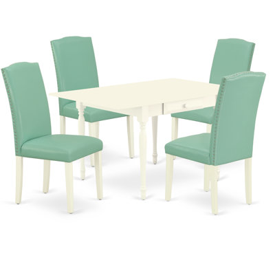 5 Piece Dining Table Set for 4 Includes a Rectangle Kitchen Table with Dropleaf and 4 Pond Faux Leather Upholstered Parson Chairs, Linen White