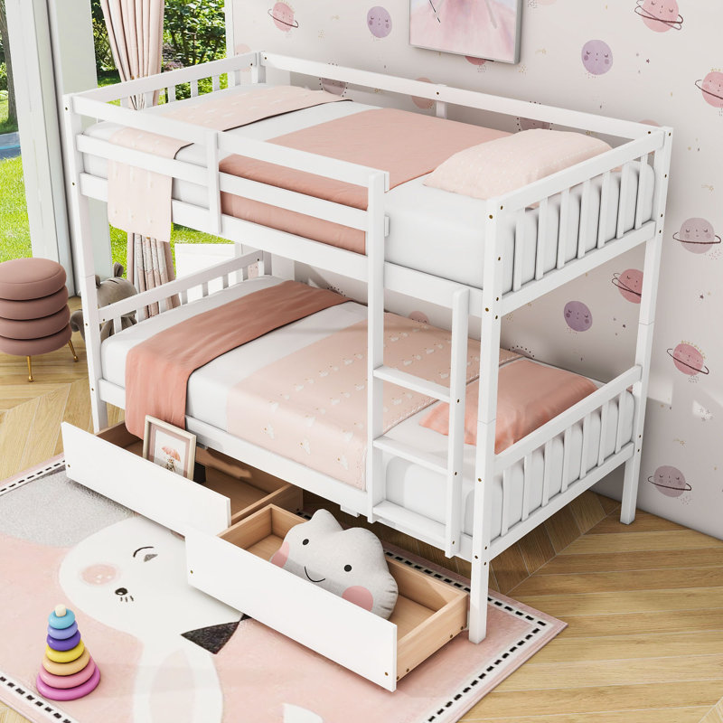Lit superposé en bois avec 2 tiroirs, Simple sur simple, Blanc