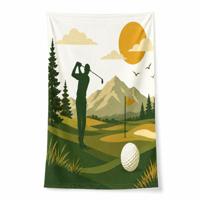 1Pcs Golf Beach Towel, featuring a golfer silhouette on scenic course with mountains and bright sun. Vibrant landscape print, perfect for, swimming, travel, unisex.