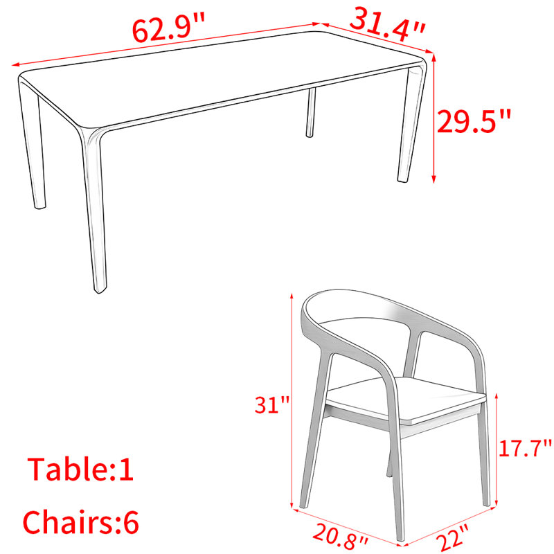 Ensemble de table de salle à manger en bois massif de style américain, H 29,5 po x L 62,9 po x l 31,4 po