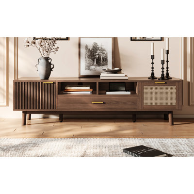 Meuble télé de 60 à 69 po, fonction de fermeture silencieuse, conception de tiroir, coque en bois massif, console multifonctionnelle de 75 po, rangement, tiroirs, pieds, pour le divertissement dans la chambre à coucher